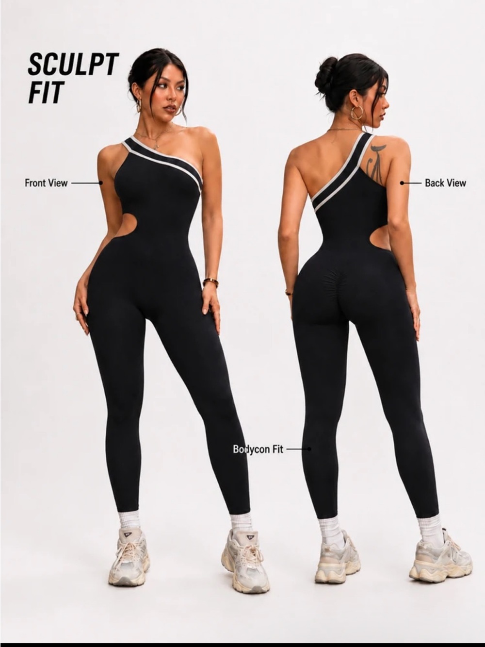 SHEIN Black One-Shoulder Sculpt Fit Jumpsuit with Contrast Trim